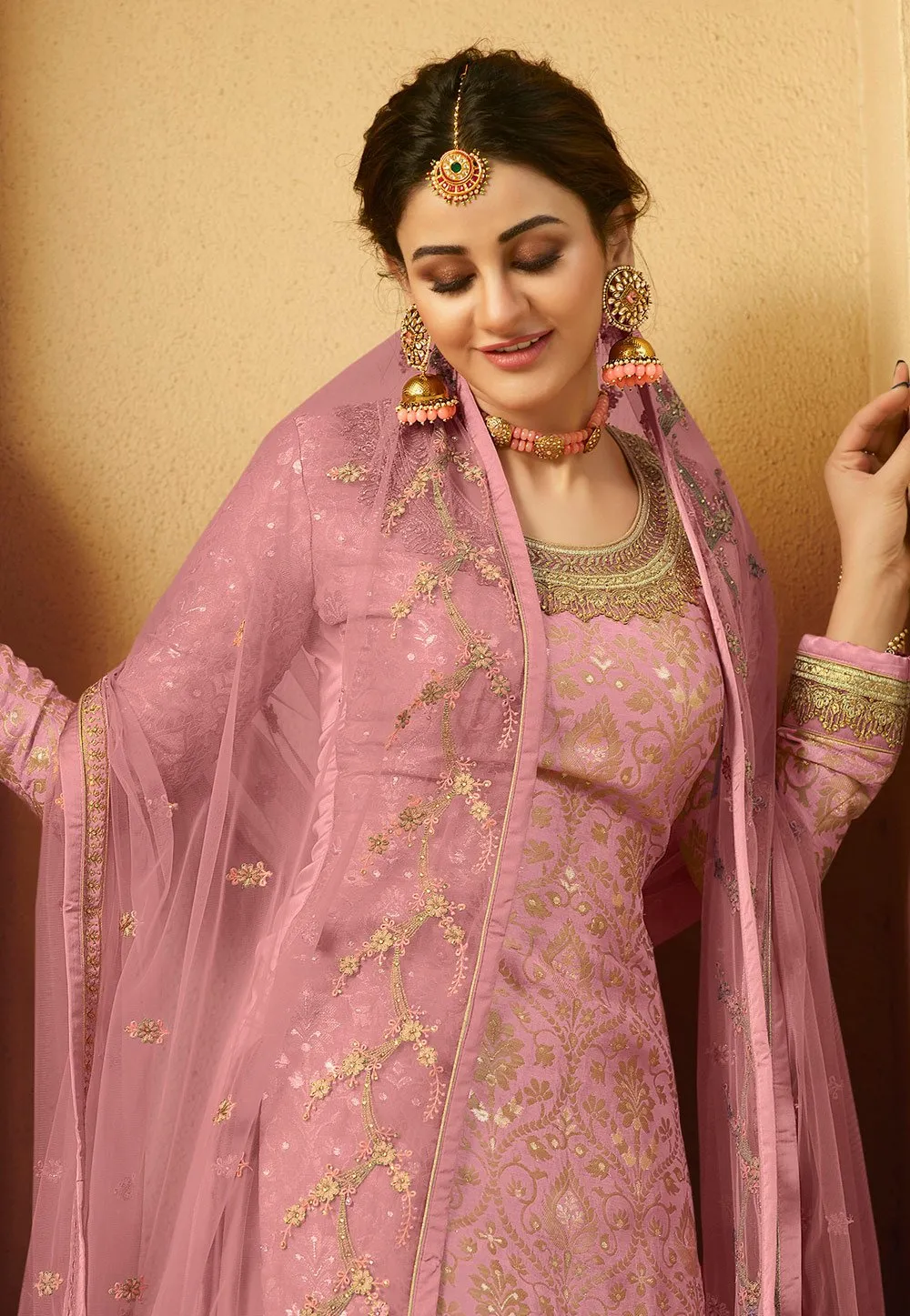 Engrossing Pink Jacquard Silk Embroidered Palazzo Suit