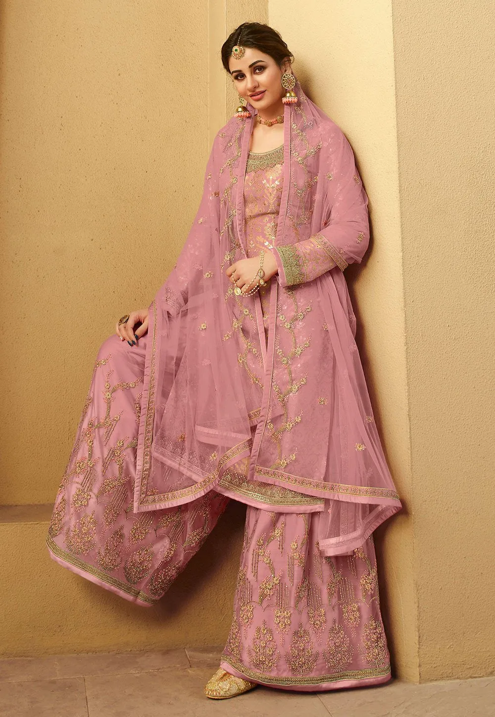 Engrossing Pink Jacquard Silk Embroidered Palazzo Suit