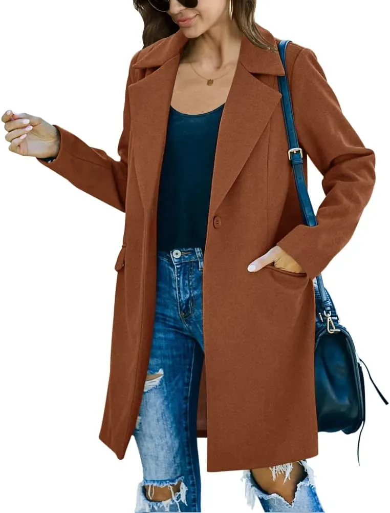 Fazortev Womens Long Sleeve Wool Blend Pea Coat Lapel Notched Collar Warm Midi Casual Jacket Overcoat