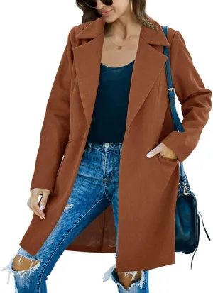 Fazortev Womens Long Sleeve Wool Blend Pea Coat Lapel Notched Collar Warm Midi Casual Jacket Overcoat