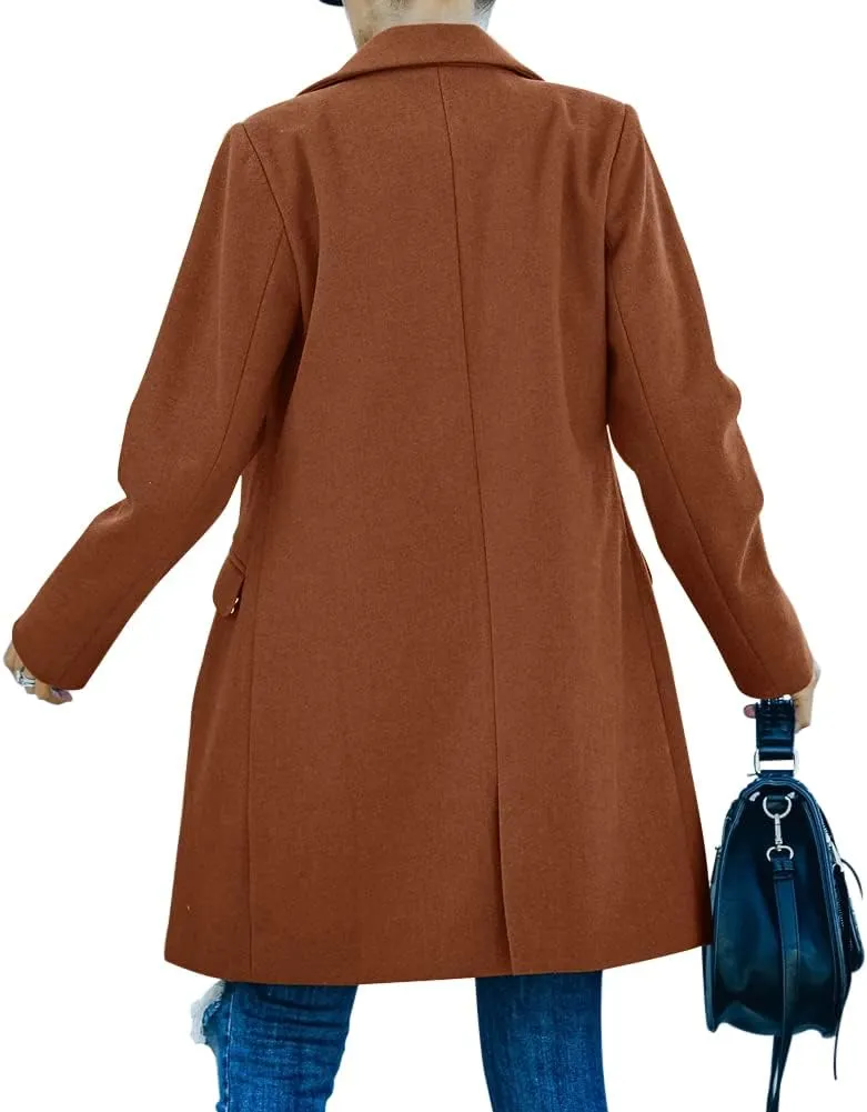 Fazortev Womens Long Sleeve Wool Blend Pea Coat Lapel Notched Collar Warm Midi Casual Jacket Overcoat