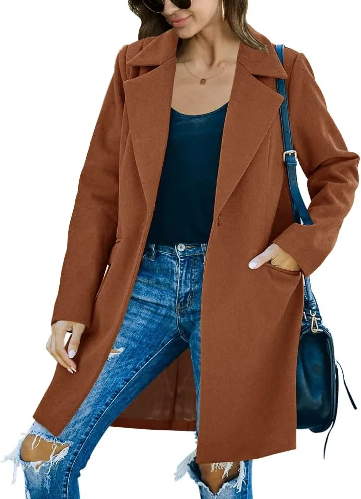 Fazortev Womens Long Sleeve Wool Blend Pea Coat Lapel Notched Collar Warm Midi Casual Jacket Overcoat