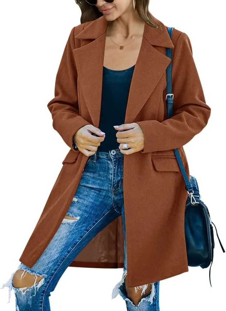 Fazortev Womens Long Sleeve Wool Blend Pea Coat Lapel Notched Collar Warm Midi Casual Jacket Overcoat