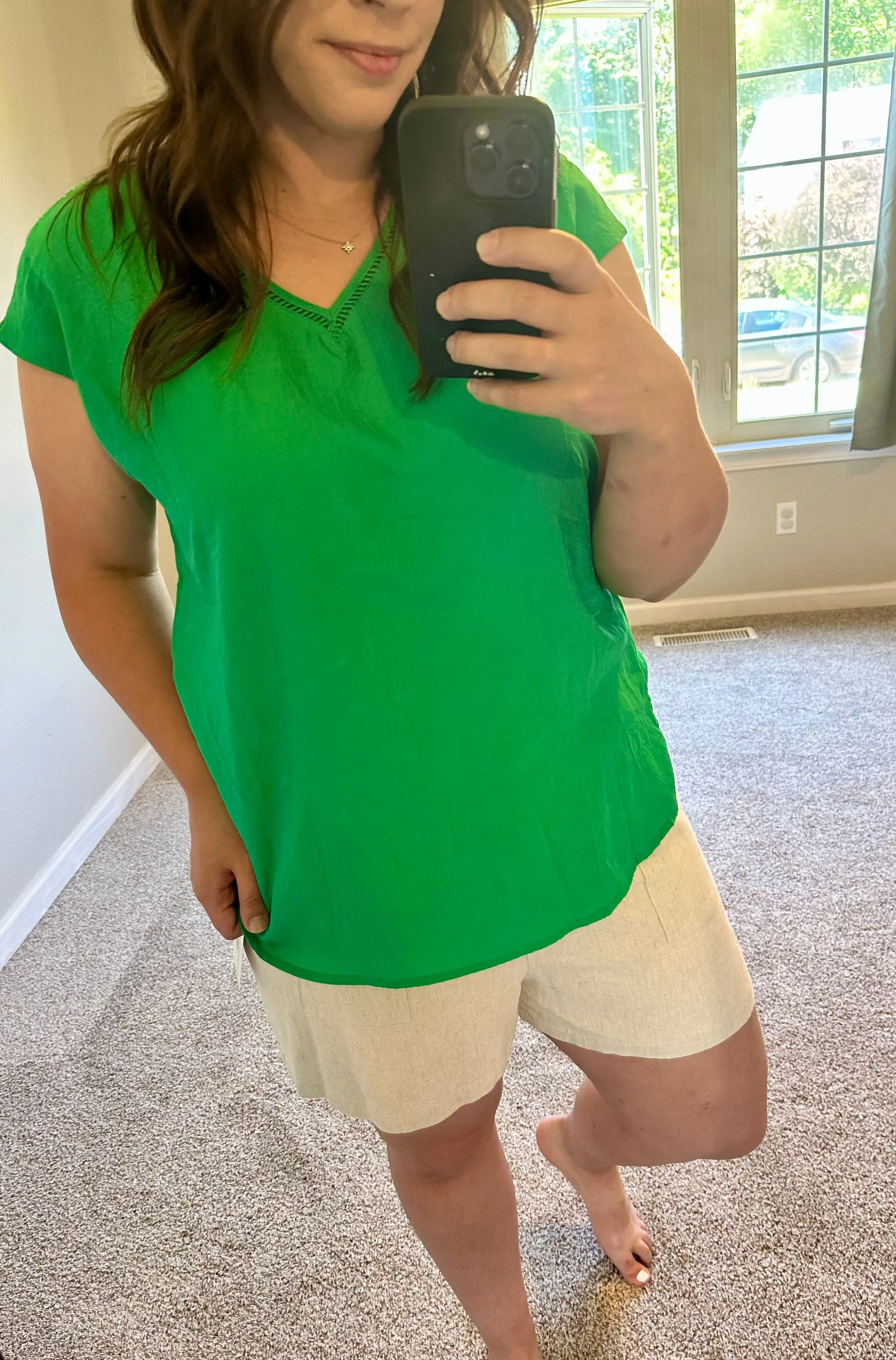 Flowy Textured Short Sleeve V Neck Blouse