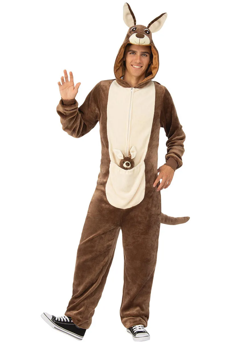 Furry Brown Mens Kangaroo and Joey Onesie Costume