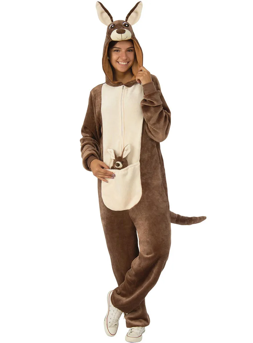 Furry Brown Womens Kangaroo and Joey Onesie Costume
