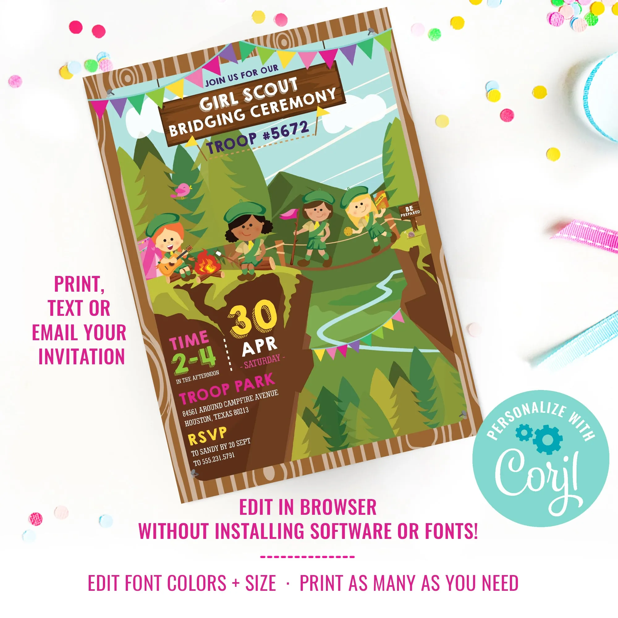 Girl Scout Bridging Ceremony Invitation | Daisies Brownies Girl Guides | Rope Bridge Crossing