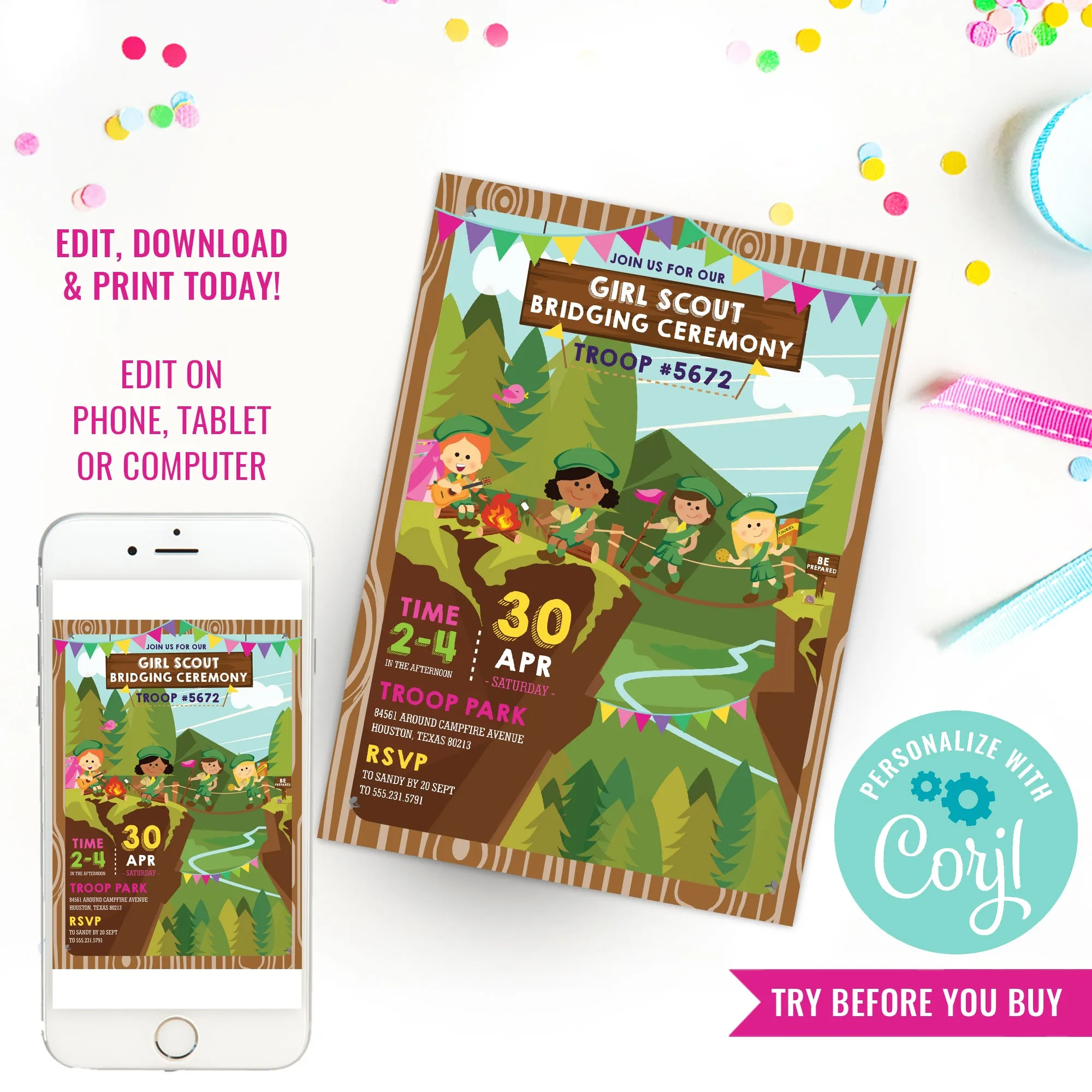 Girl Scout Bridging Ceremony Invitation | Daisies Brownies Girl Guides | Rope Bridge Crossing