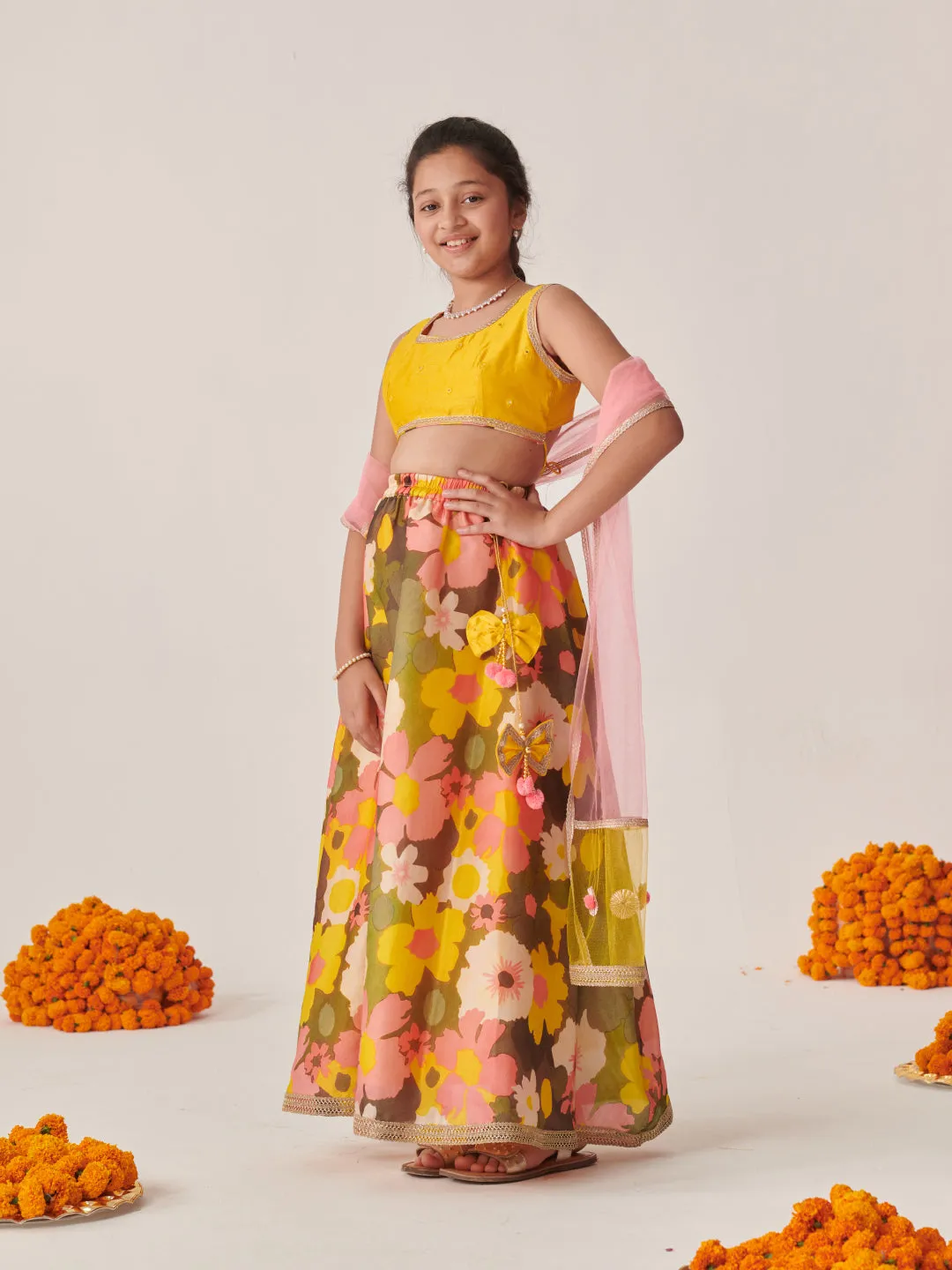 Girls Embroidered Mirror Work Ready To Wear Lehenga Blouse With Dupatta
