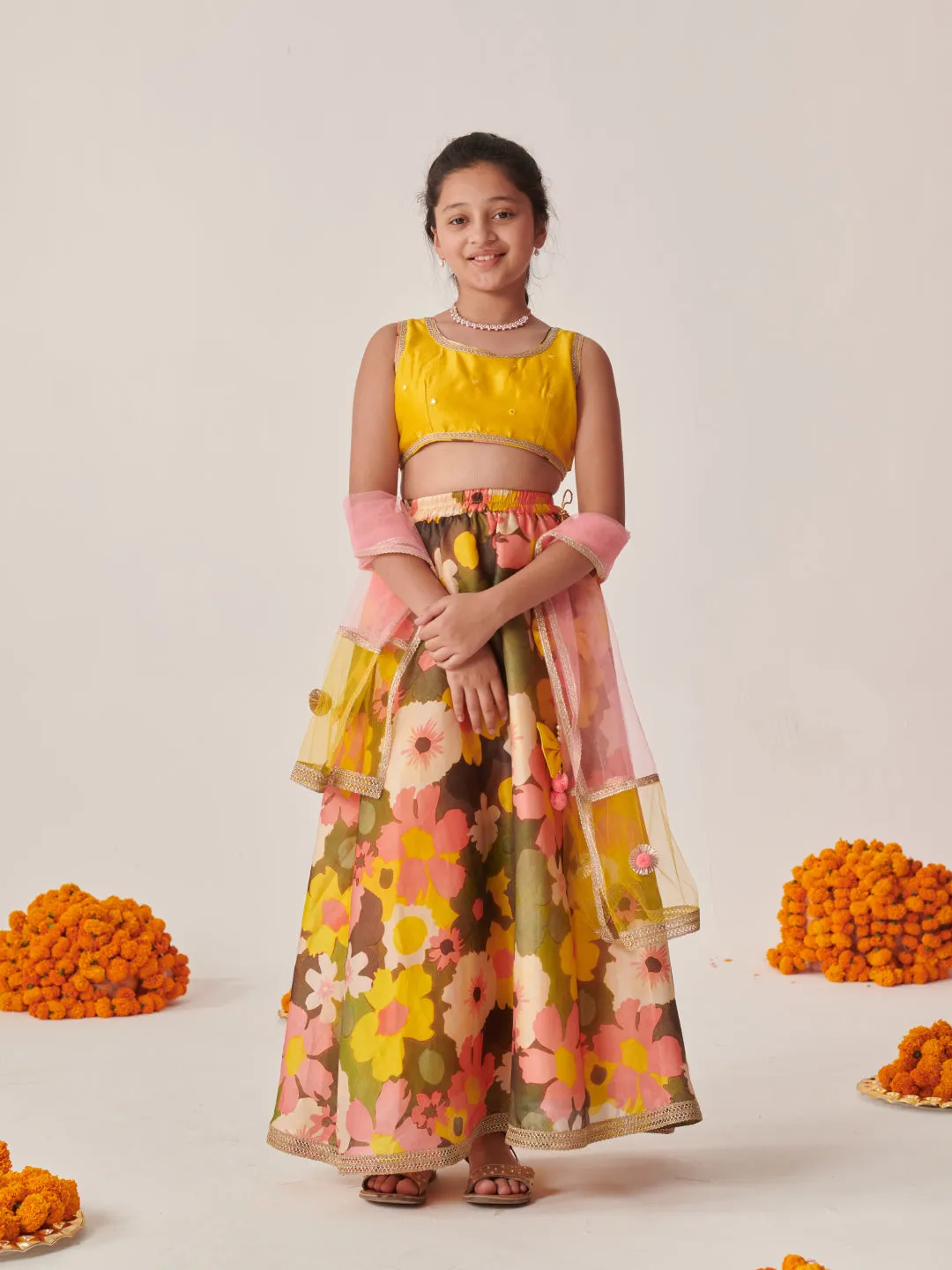 Girls Embroidered Mirror Work Ready To Wear Lehenga Blouse With Dupatta