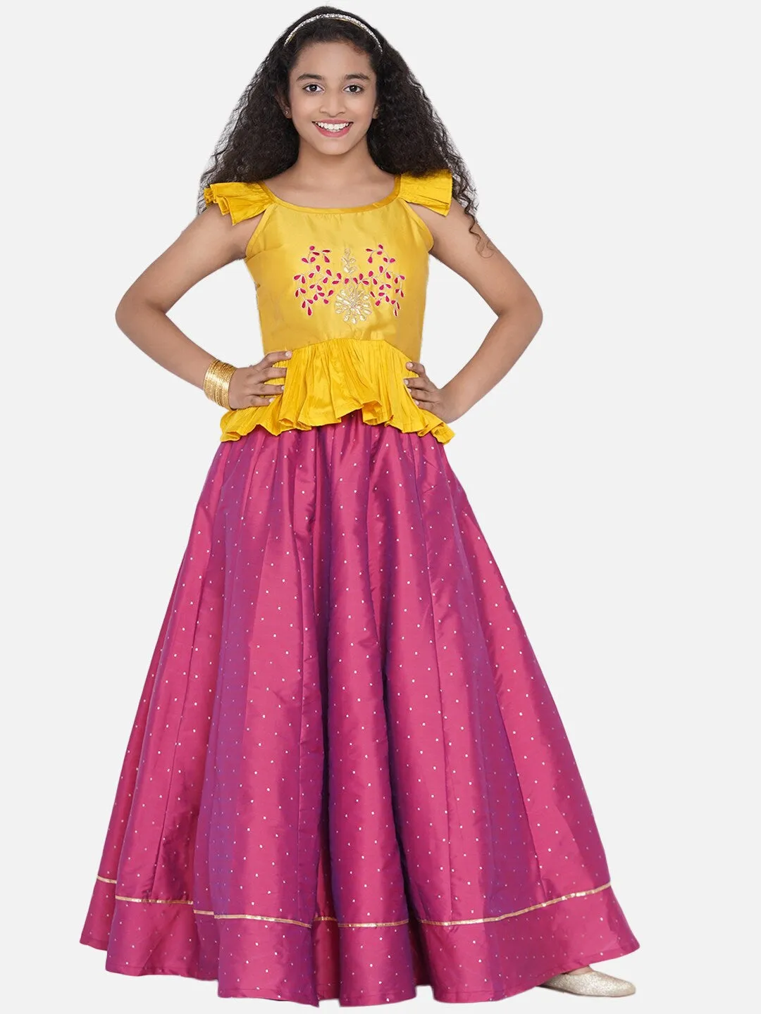 Girls Mustard & Fuchsia Embroidered Ready To Wear Lehenga