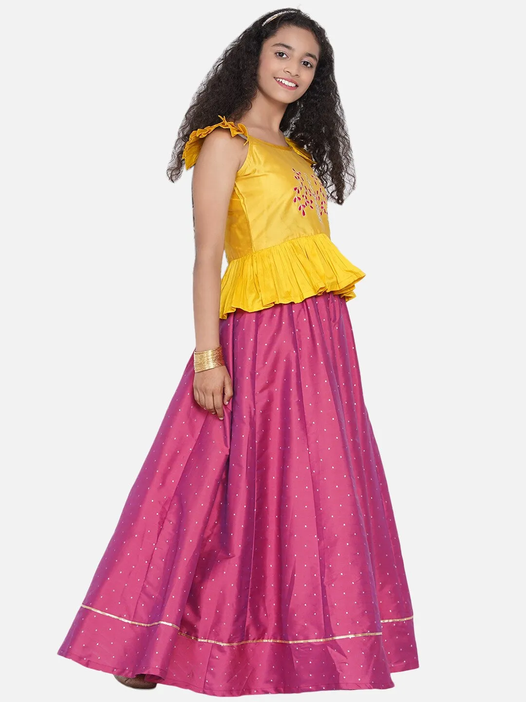 Girls Mustard & Fuchsia Embroidered Ready To Wear Lehenga