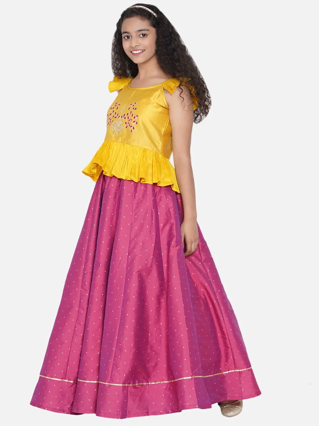 Girls Mustard & Fuchsia Embroidered Ready To Wear Lehenga