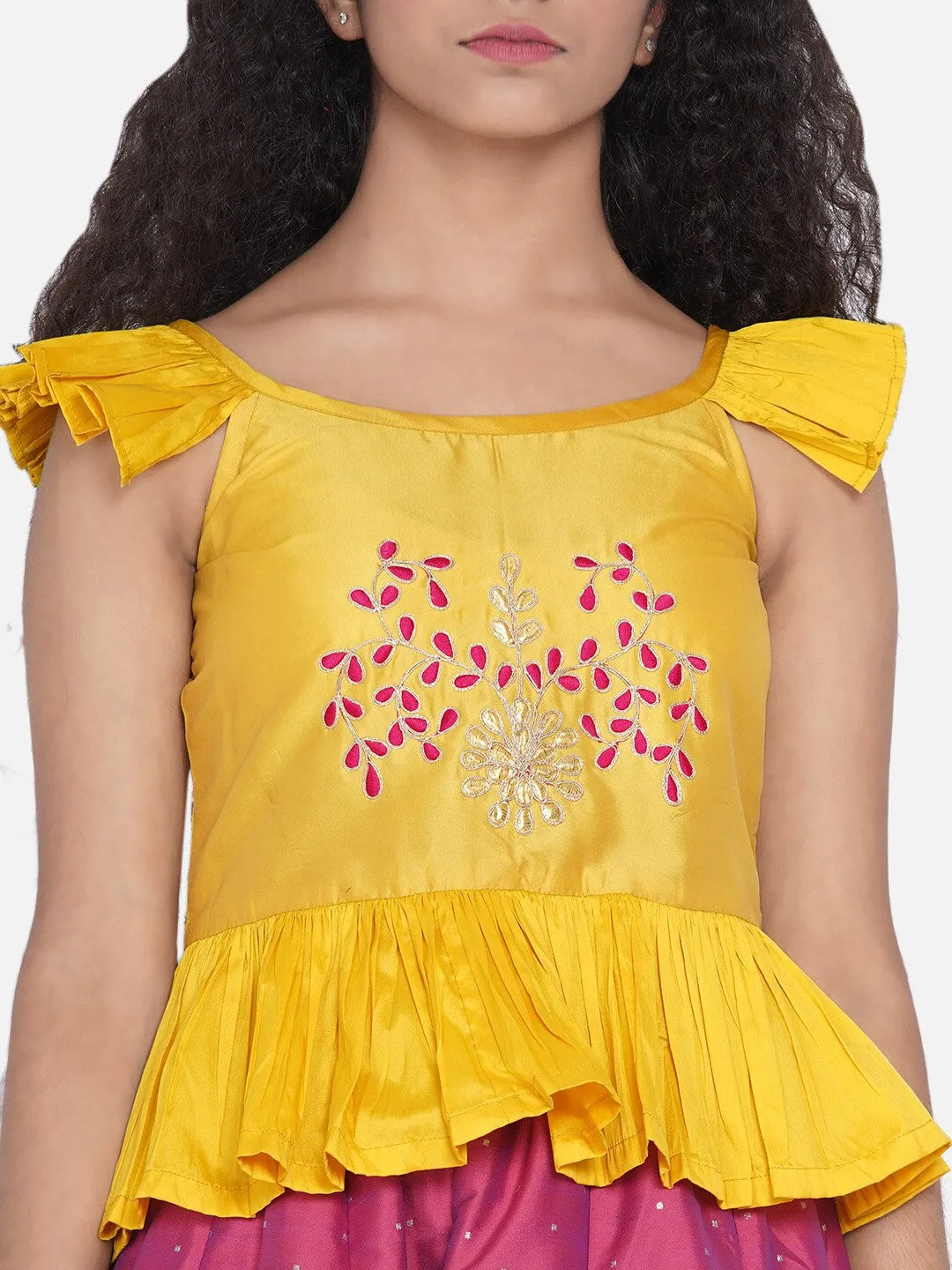 Girls Mustard & Fuchsia Embroidered Ready To Wear Lehenga