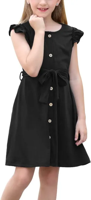 GORLYA Girl's Ruffle Trim Sleeve Button Down Floral Print Casual Vintage Midi Dress with Pockets for 4-12 Years Kids