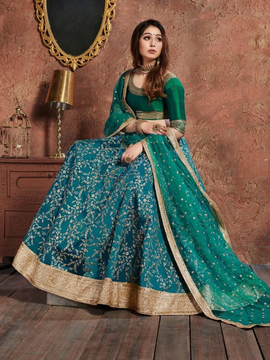 Green Art Silk Floral & Zari Embroidered Lehenga Choli Set with Soft Net Dupatta