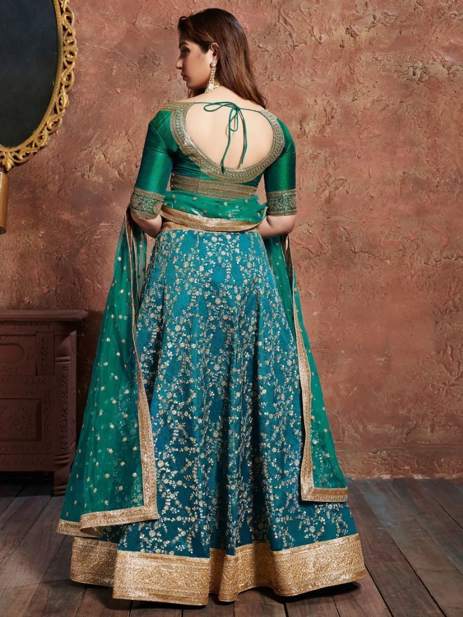 Green Art Silk Floral & Zari Embroidered Lehenga Choli Set with Soft Net Dupatta