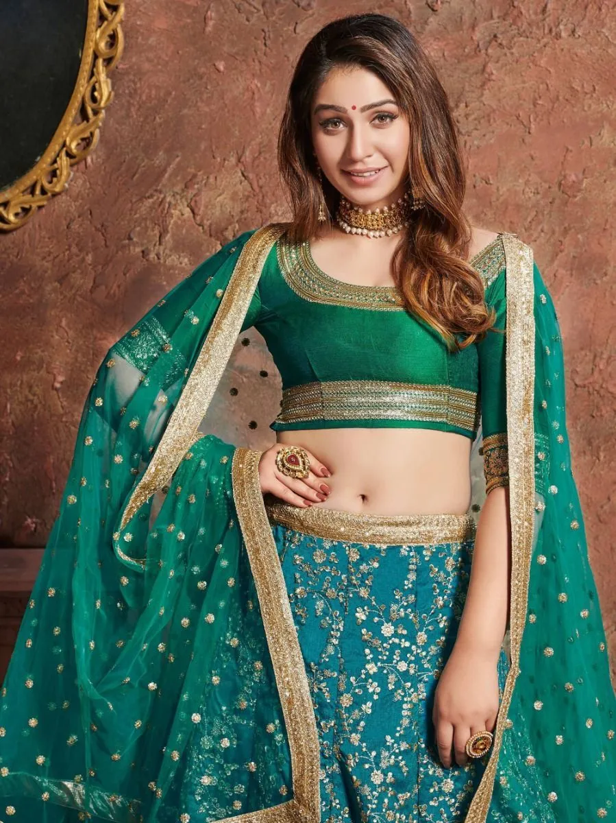 Green Art Silk Floral & Zari Embroidered Lehenga Choli Set with Soft Net Dupatta