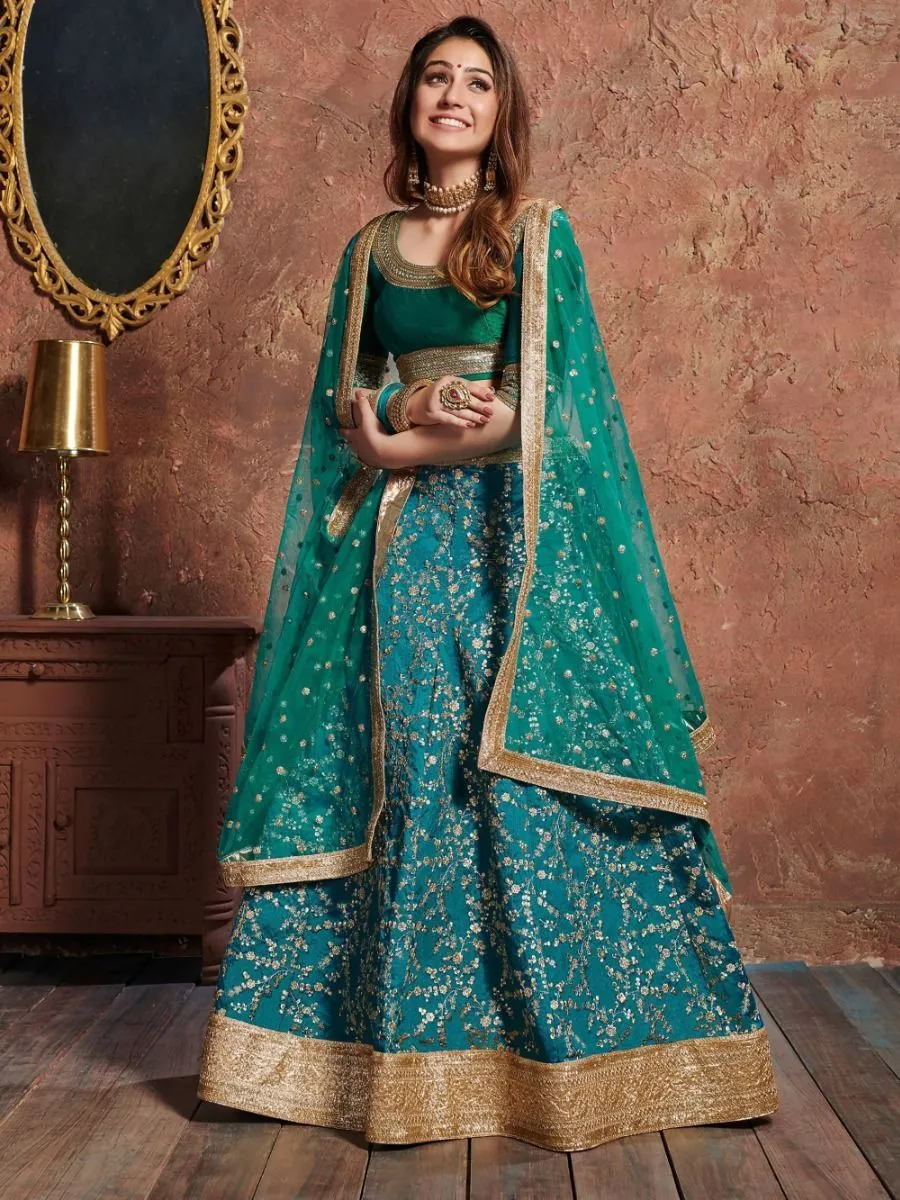 Green Art Silk Floral & Zari Embroidered Lehenga Choli Set with Soft Net Dupatta