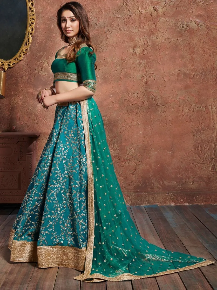 Green Art Silk Floral & Zari Embroidered Lehenga Choli Set with Soft Net Dupatta