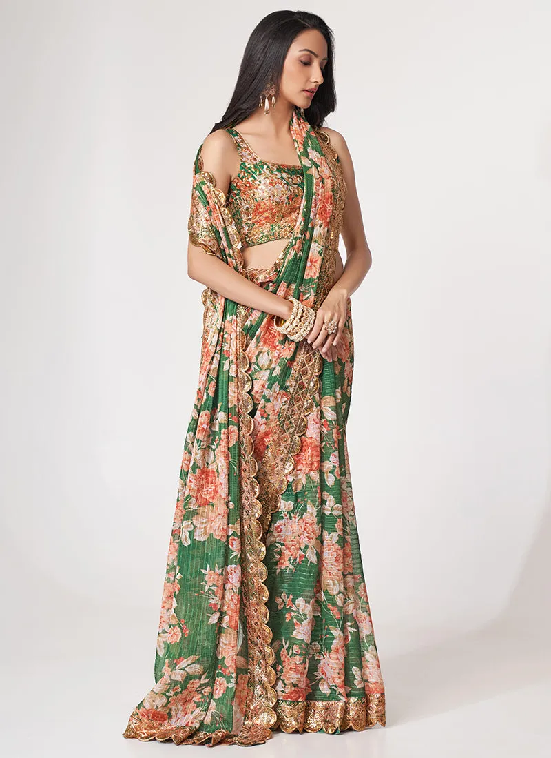 Green Floral Print And Sequence Embroidery Organza Saree