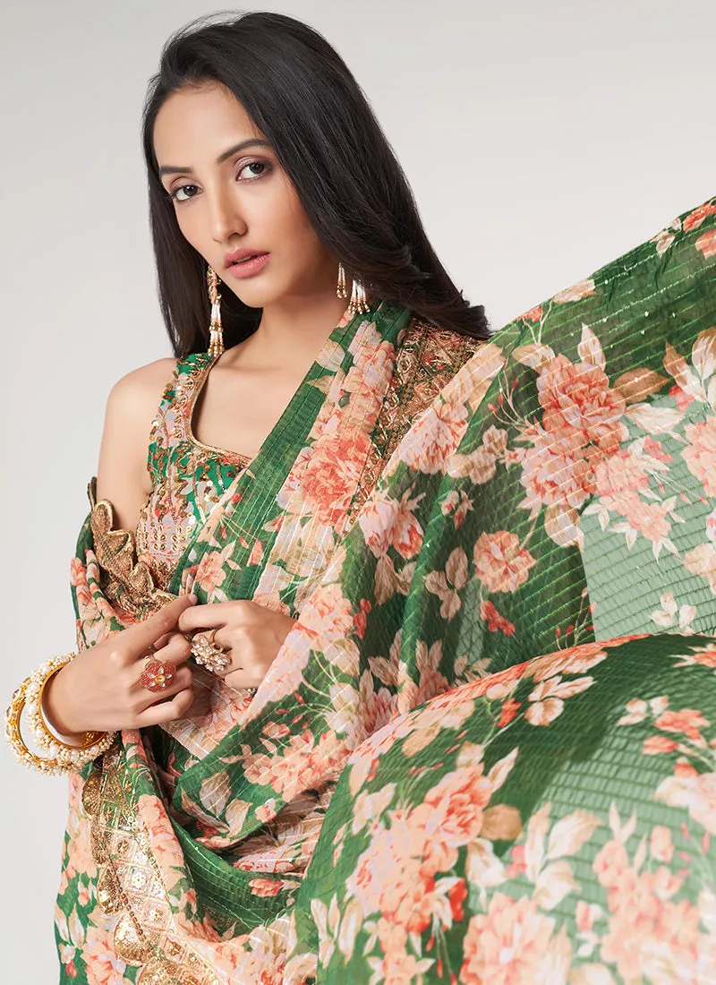 Green Floral Print And Sequence Embroidery Organza Saree