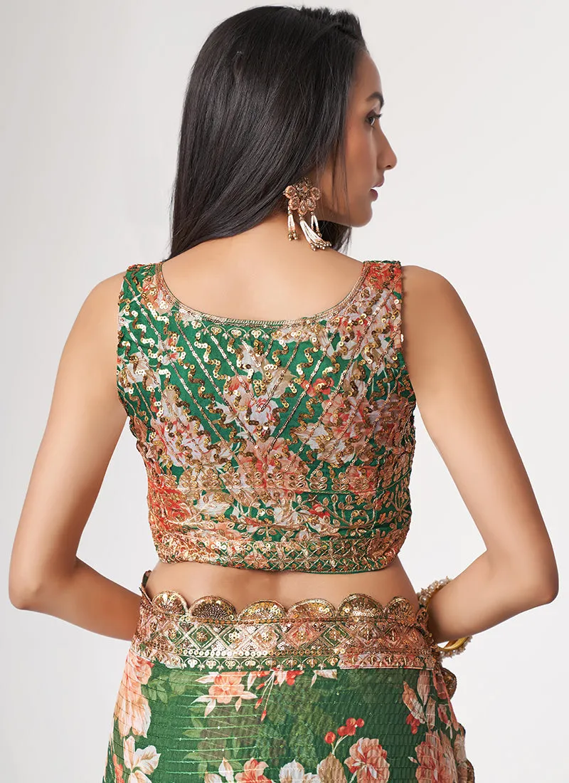 Green Floral Print And Sequence Embroidery Organza Saree