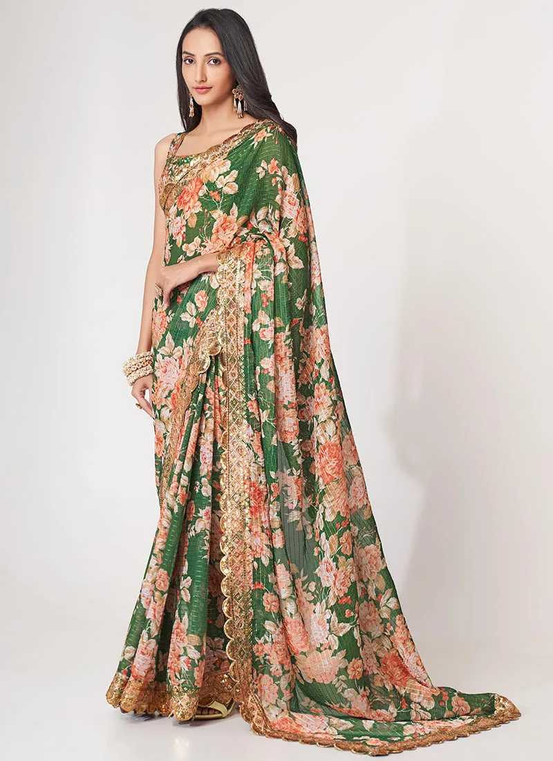 Green Floral Print And Sequence Embroidery Organza Saree