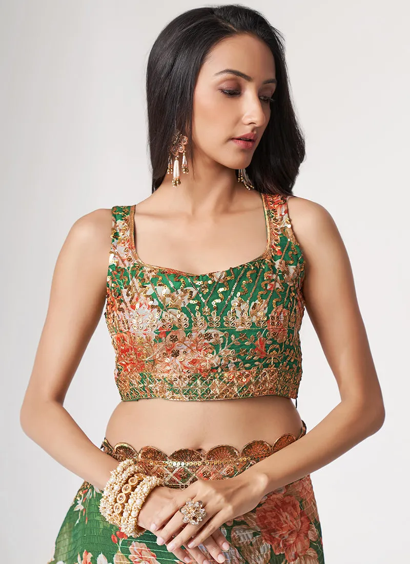 Green Floral Print And Sequence Embroidery Organza Saree