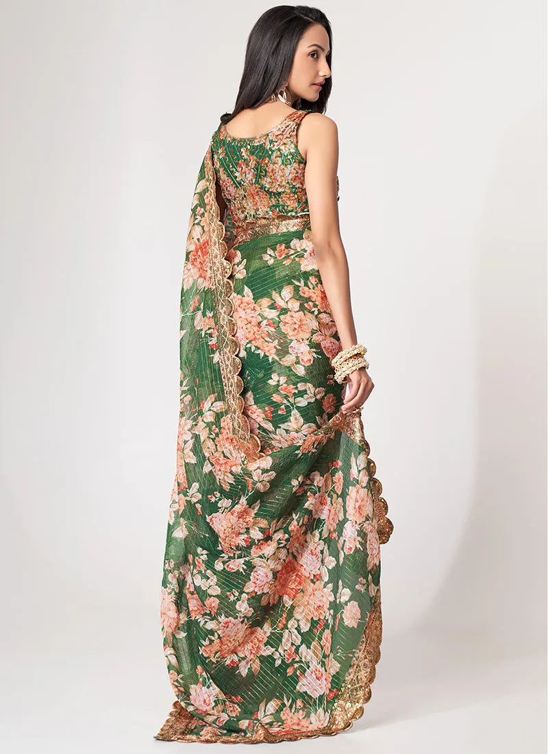 Green Floral Print And Sequence Embroidery Organza Saree