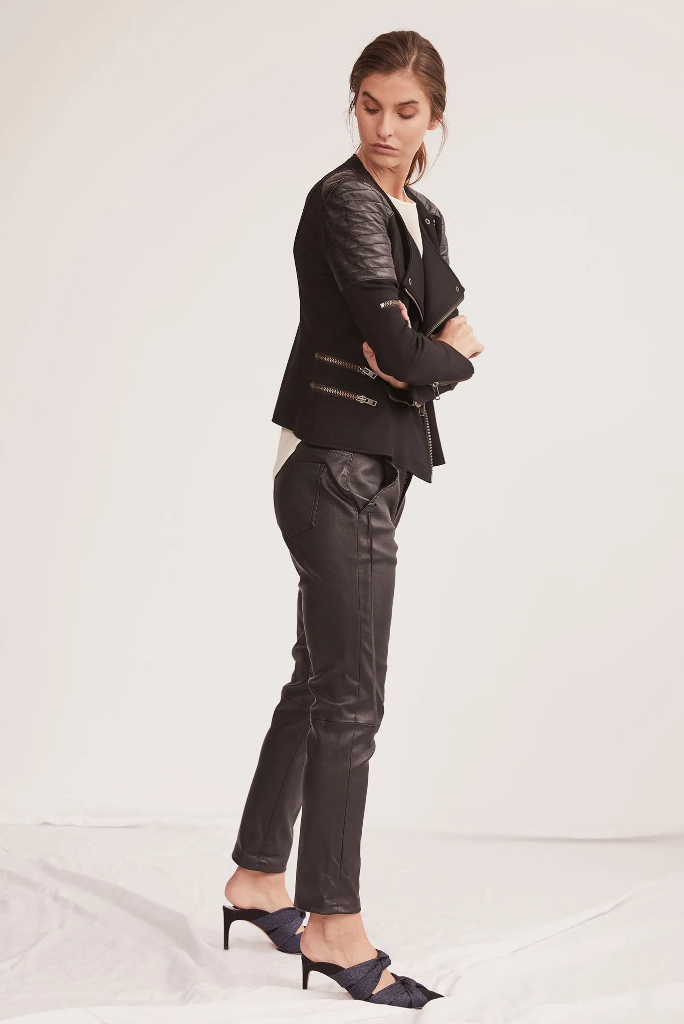 Greenwich St Motor Jacket in Italian Ponte & Black Leather SAMPLE