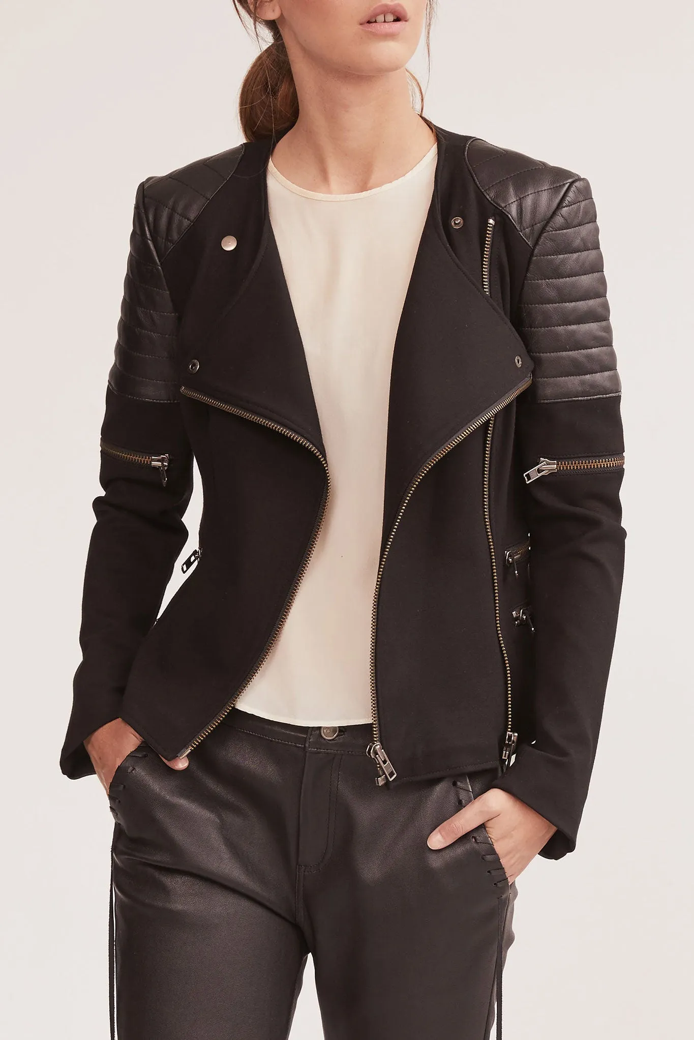 Greenwich St Motor Jacket in Italian Ponte & Black Leather SAMPLE
