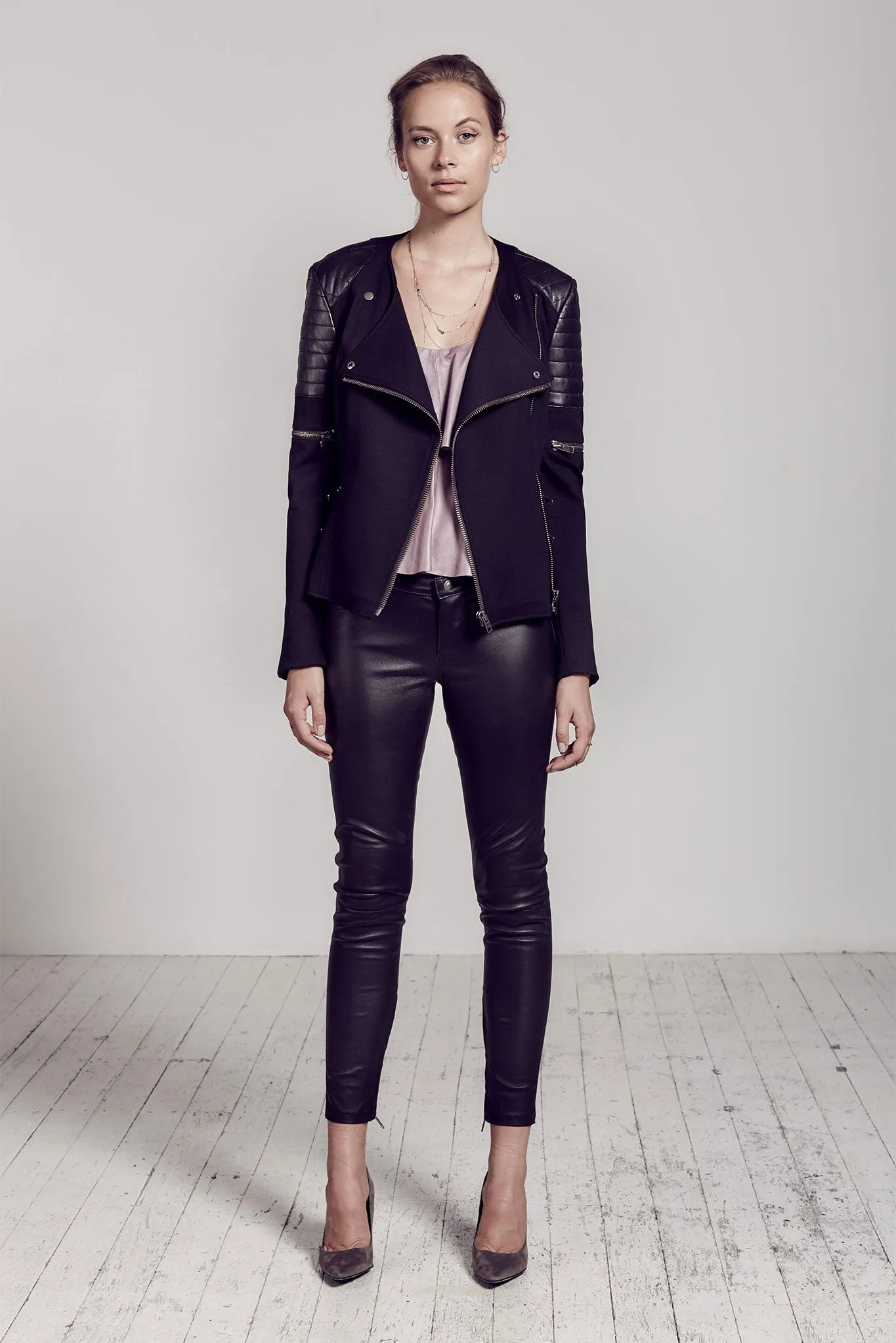 Greenwich St Motor Jacket in Italian Ponte & Black Leather SAMPLE