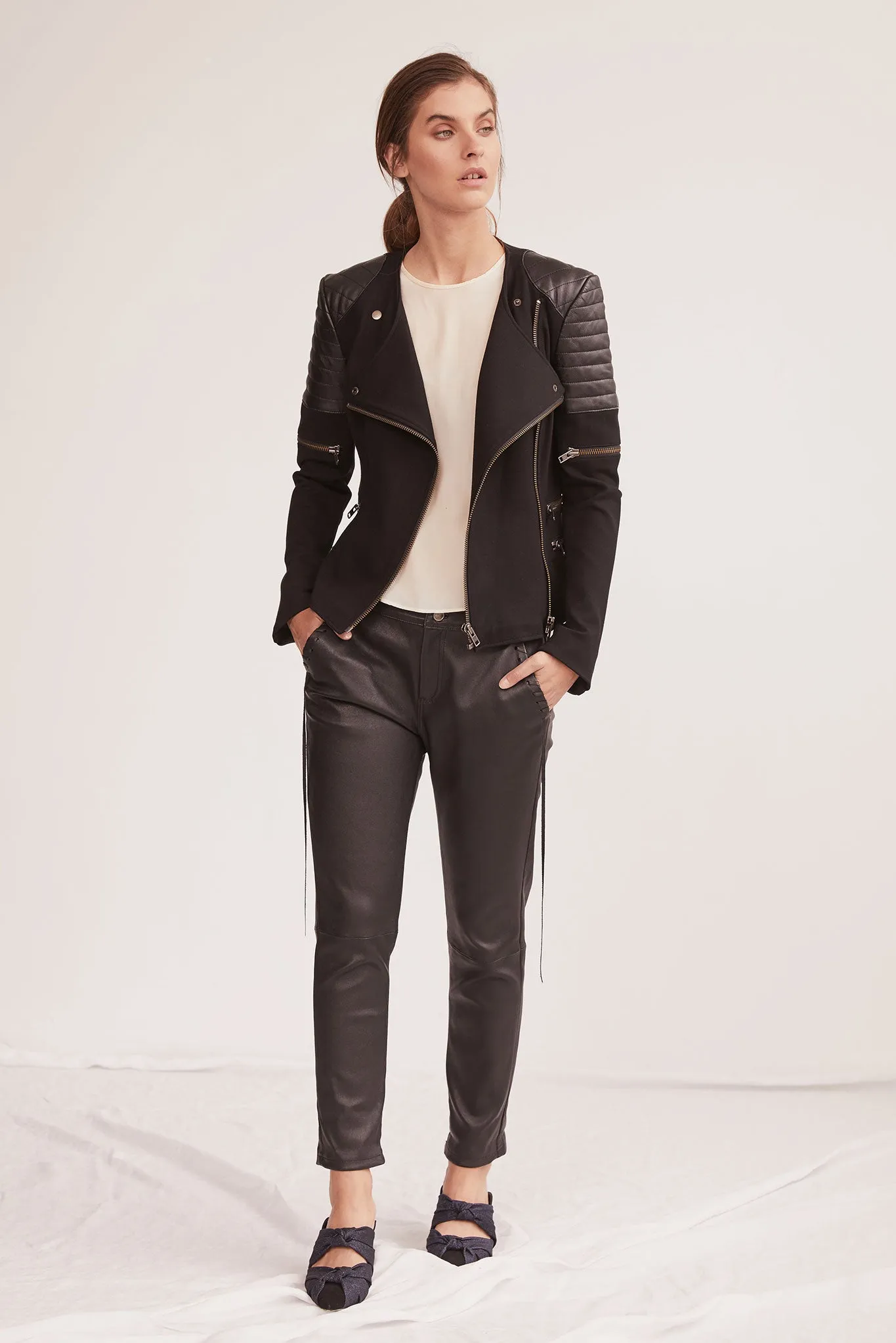 Greenwich St Motor Jacket in Italian Ponte & Black Leather SAMPLE