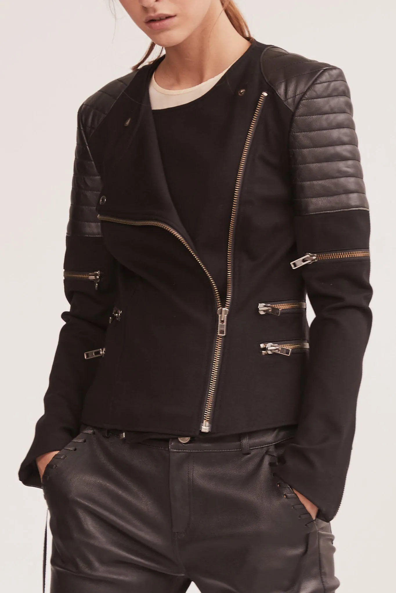 Greenwich St Motor Jacket in Italian Ponte & Black Leather SAMPLE
