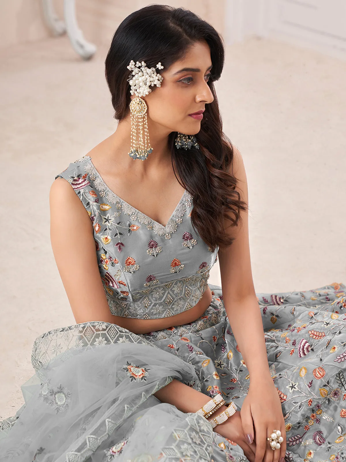 Grey Art Silk Embroidered Semi Stitched Lehenga With Unstitched Blouse