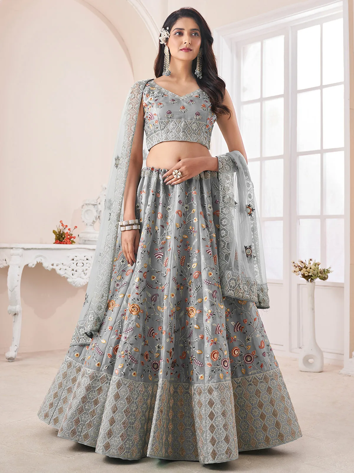 Grey Art Silk Embroidered Semi Stitched Lehenga With Unstitched Blouse