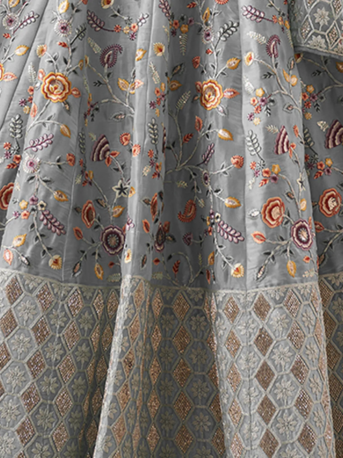 Grey Art Silk Embroidered Semi Stitched Lehenga With Unstitched Blouse