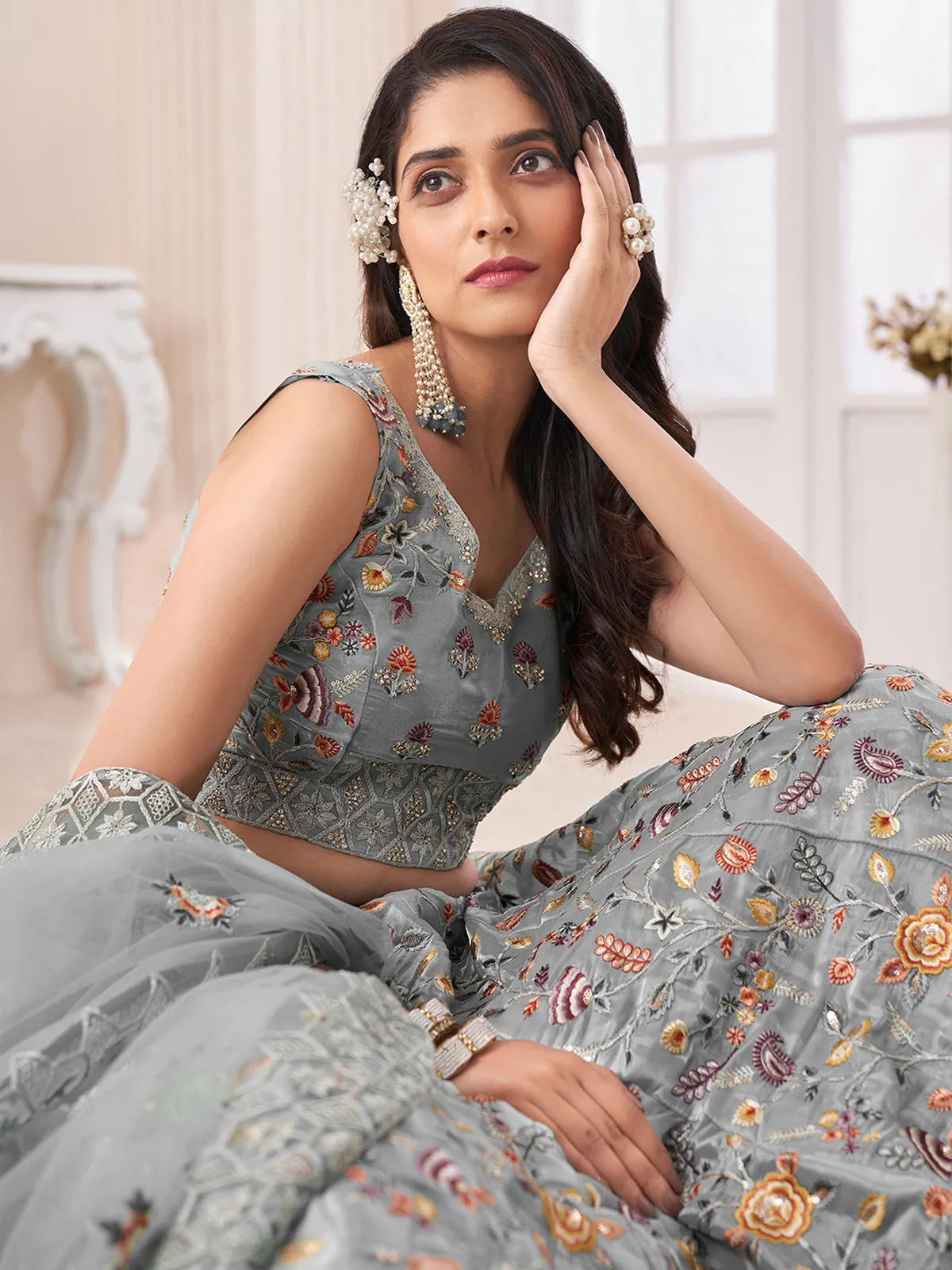 Grey Art Silk Embroidered Semi Stitched Lehenga With Unstitched Blouse