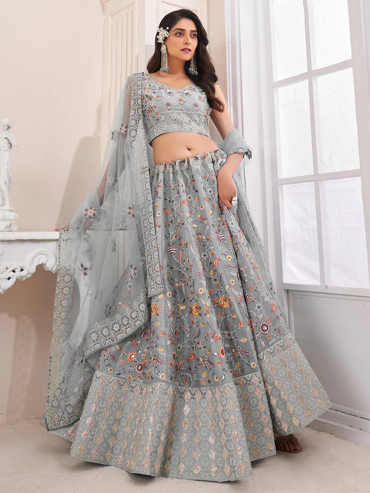 Grey Art Silk Embroidered Semi Stitched Lehenga With Unstitched Blouse