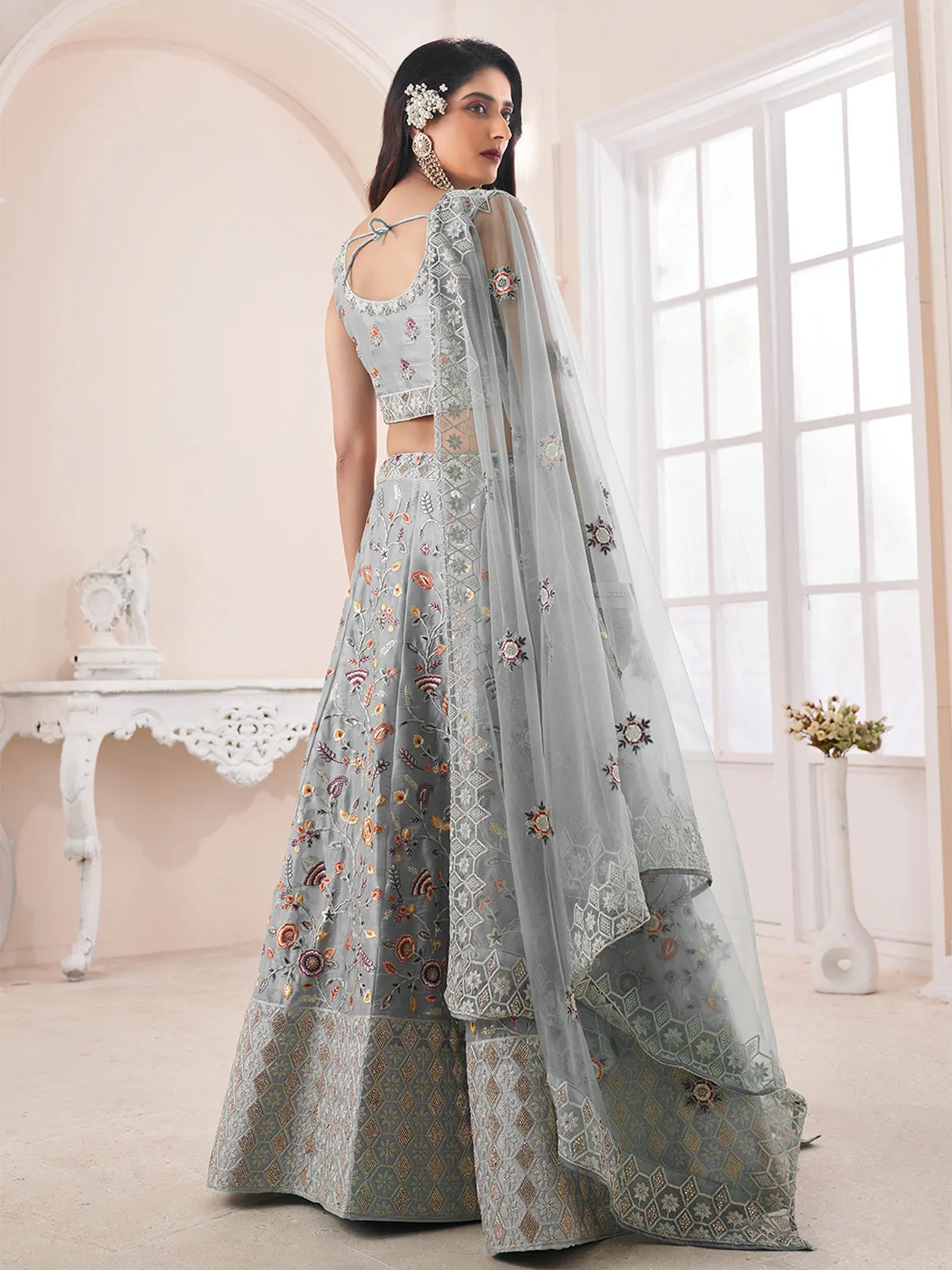 Grey Art Silk Embroidered Semi Stitched Lehenga With Unstitched Blouse