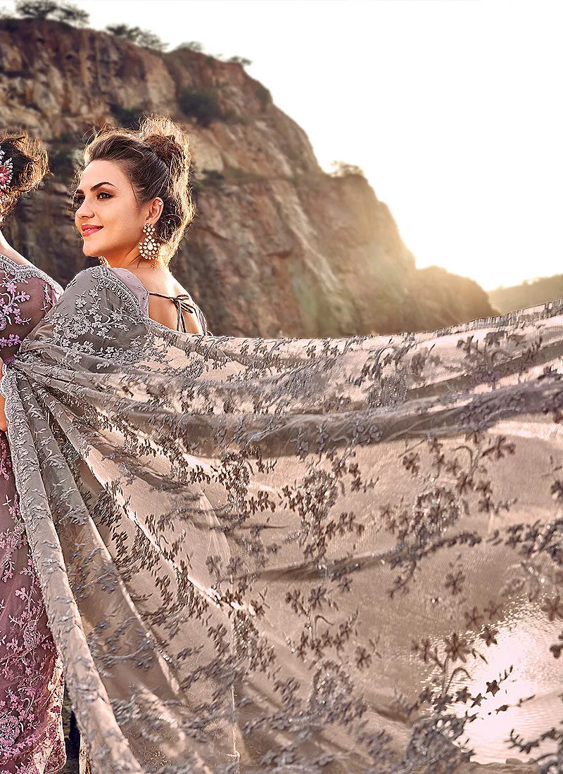 Grey Floral Embroidered Party Wear Saree