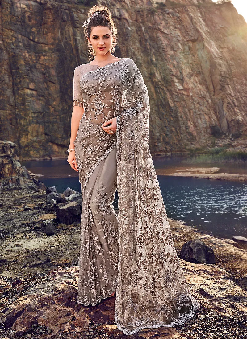 Grey Floral Embroidered Party Wear Saree