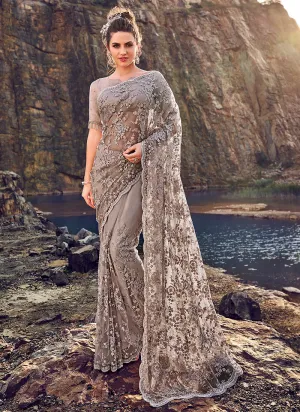 Grey Floral Embroidered Party Wear Saree