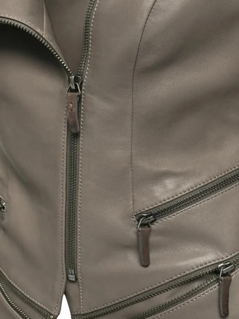 Grey Lapel Biker Leather Jacket