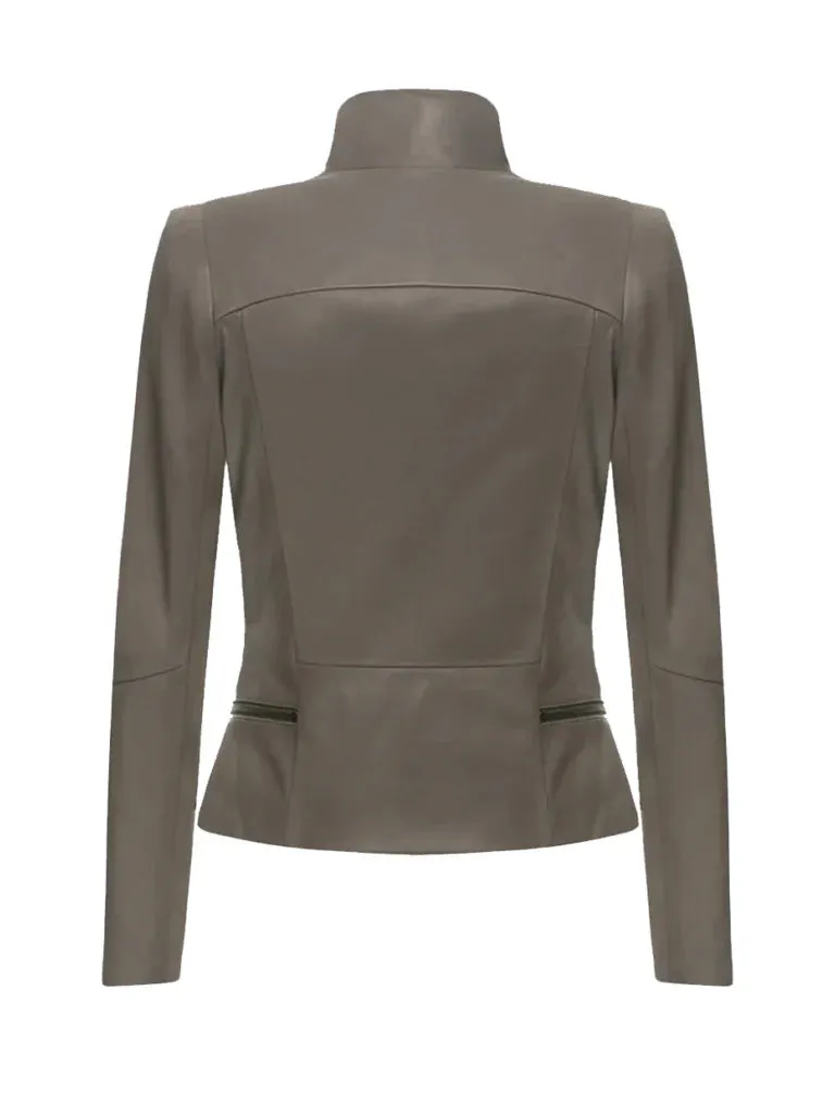 Grey Lapel Biker Leather Jacket