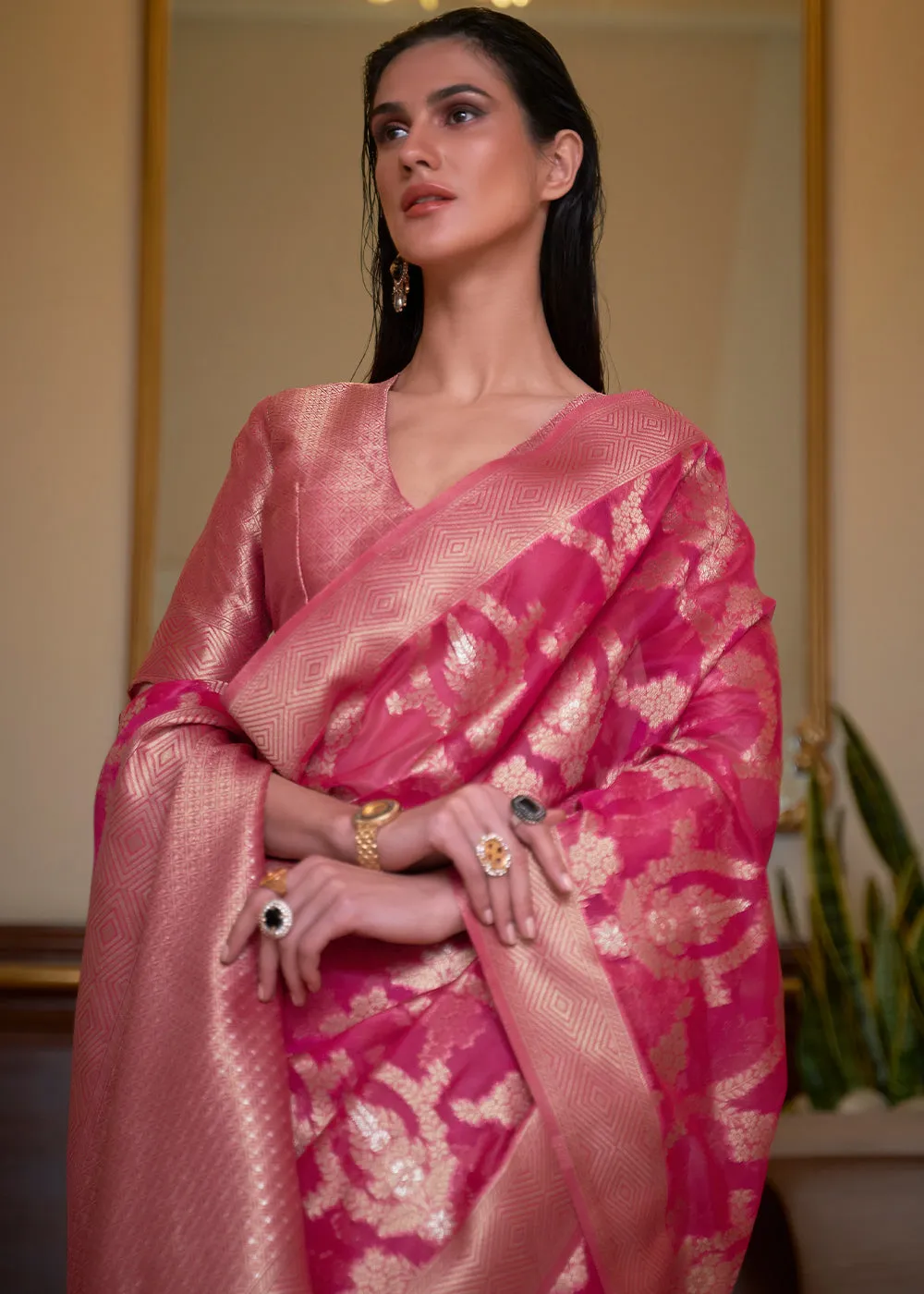 Hot Pink Two Tone Handloom Woven Organza Silk Saree