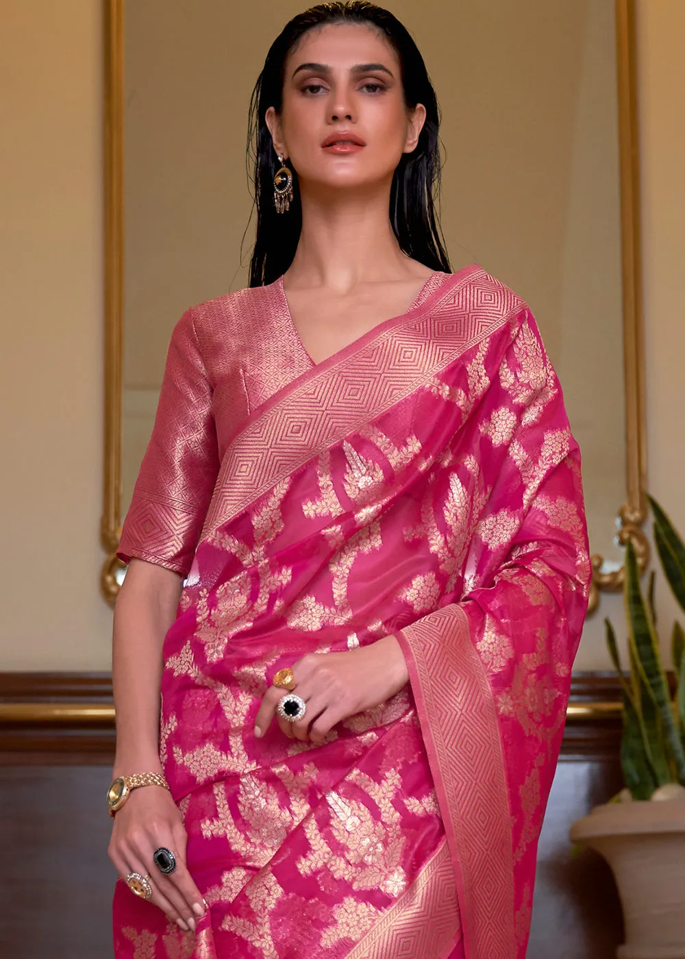 Hot Pink Two Tone Handloom Woven Organza Silk Saree