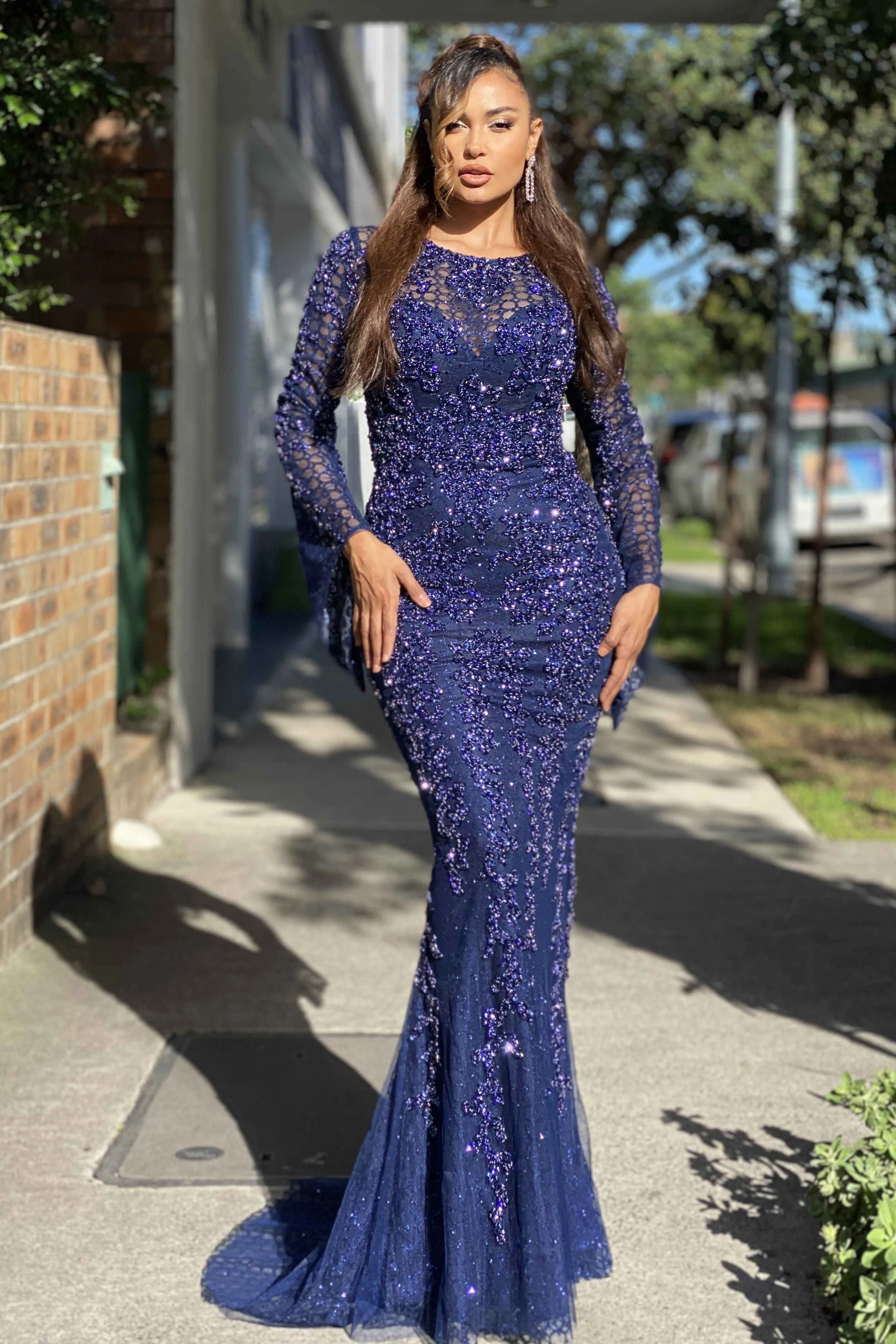J'ADORE AUSTRALIA  heavily beaded gown - NAVY
