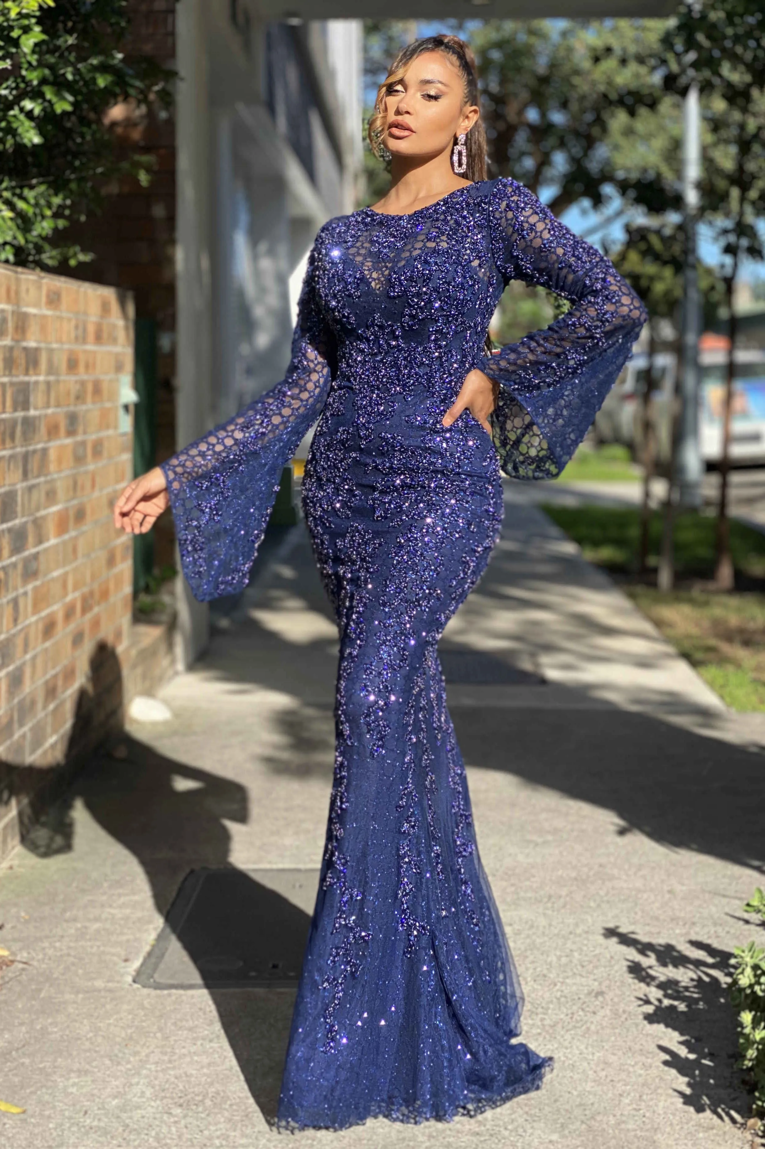 J'ADORE AUSTRALIA  heavily beaded gown - NAVY